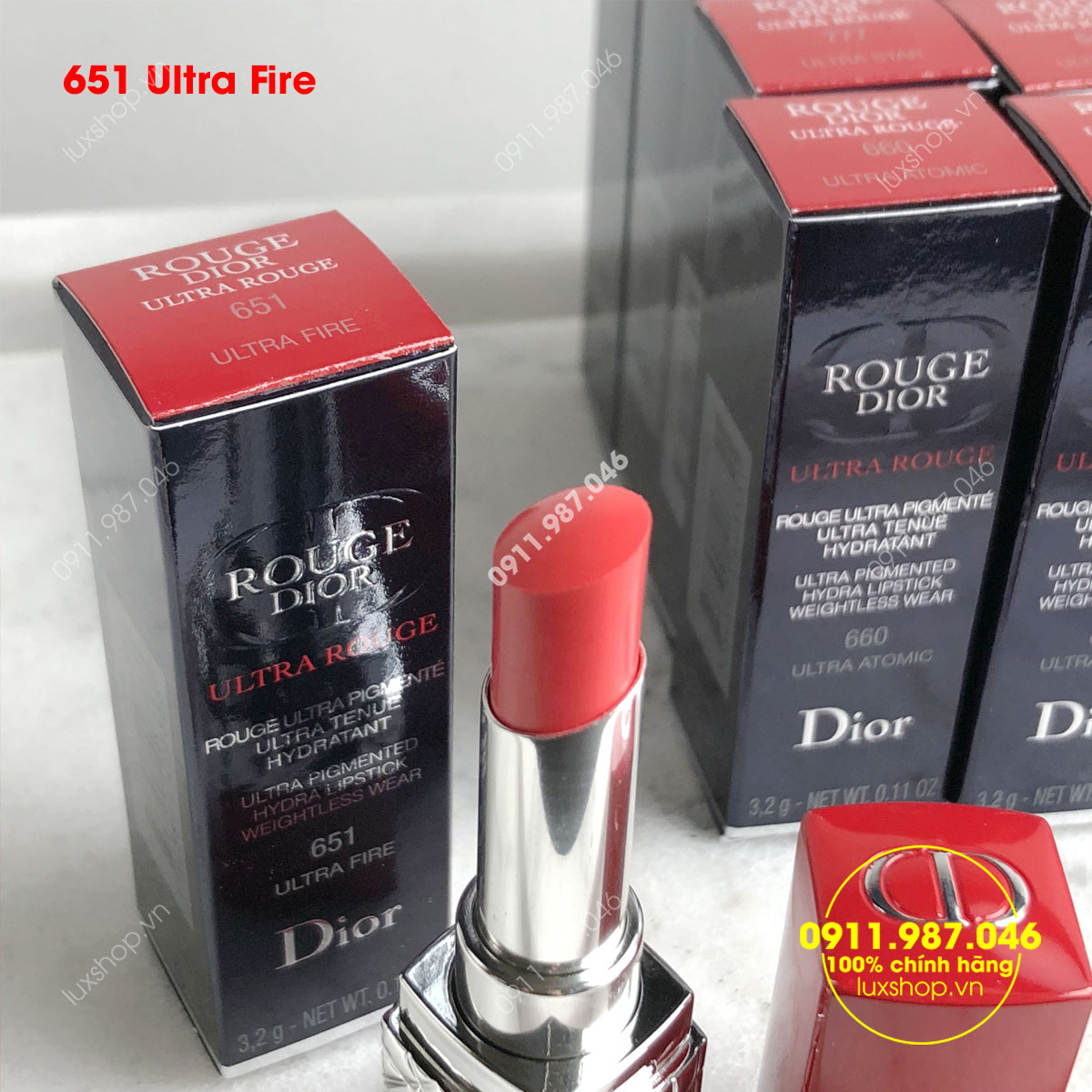 Son môi Dior Rouge 651 Ultra Fire màu đỏ cam chính hãng Pháp (Vỏ đỏ)