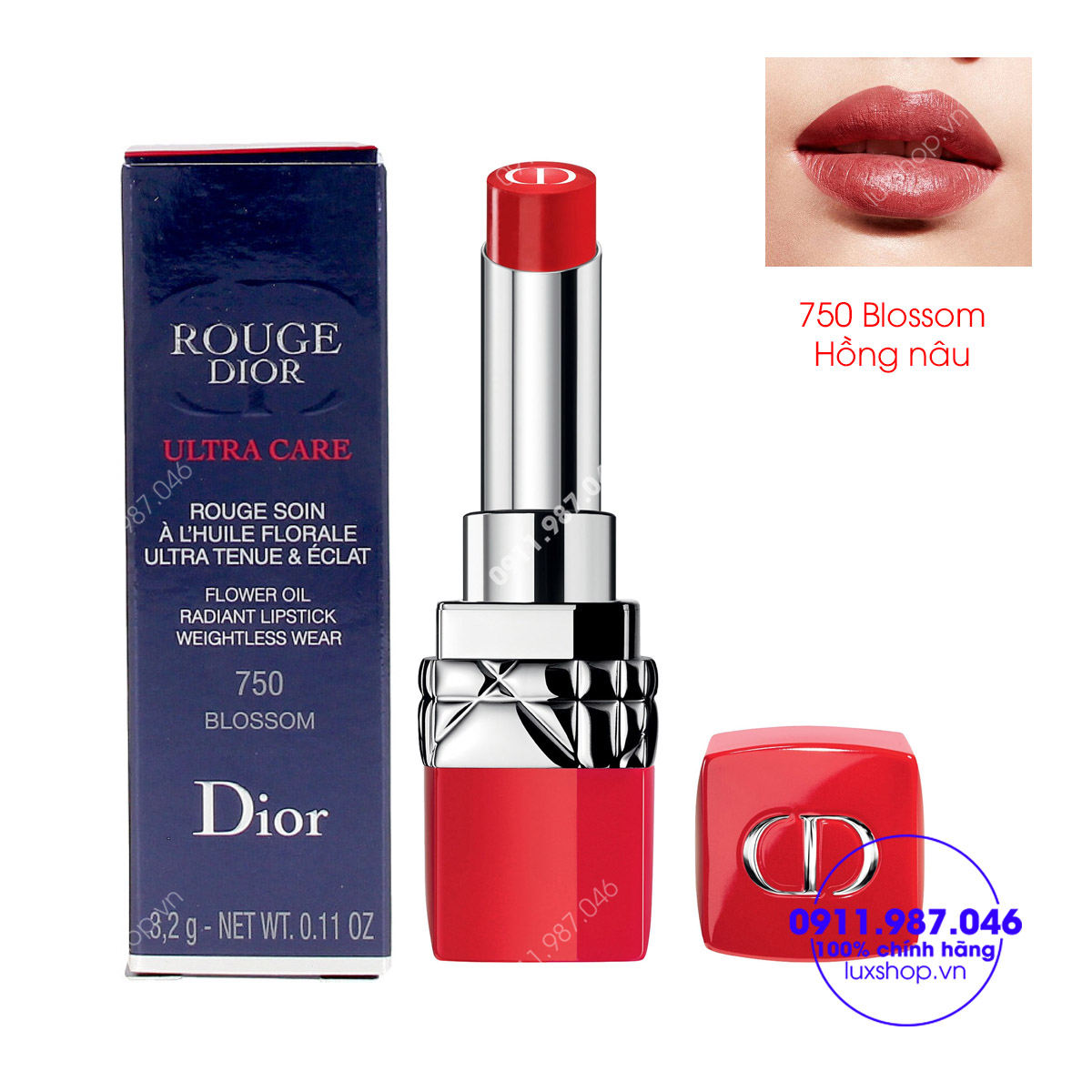 Son môi Dior Rouge Ultra Care 750 Blossom màu HỒNG NÂU chính hãng Pháp (Vỏ đỏ)