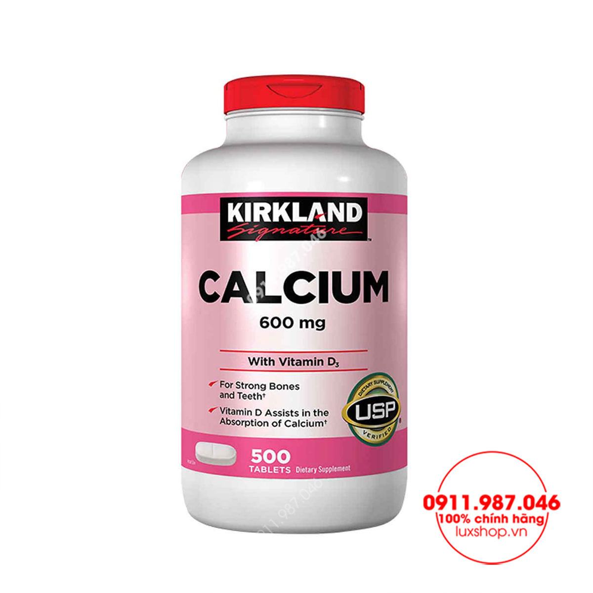 Viên uống Canxi Kirkland Calcium 600mg + D3 chính hãng Mỹ (500 Viên)