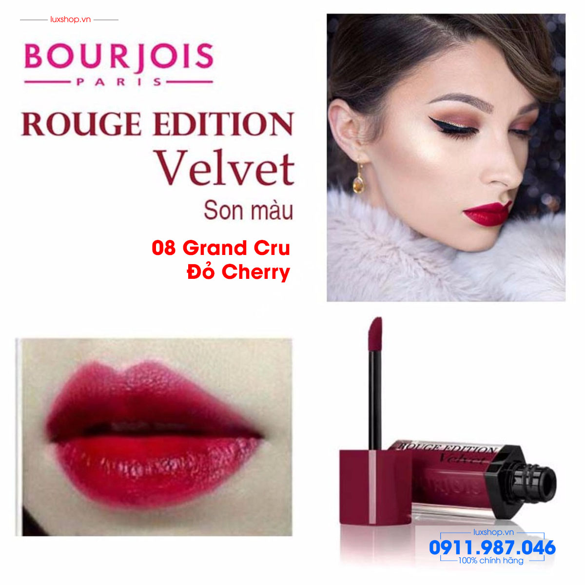 Son kem lì Velvet #08 Grand Cru đỏ Cherry Bourjois Rouge Edition chính hãng (Pháp)