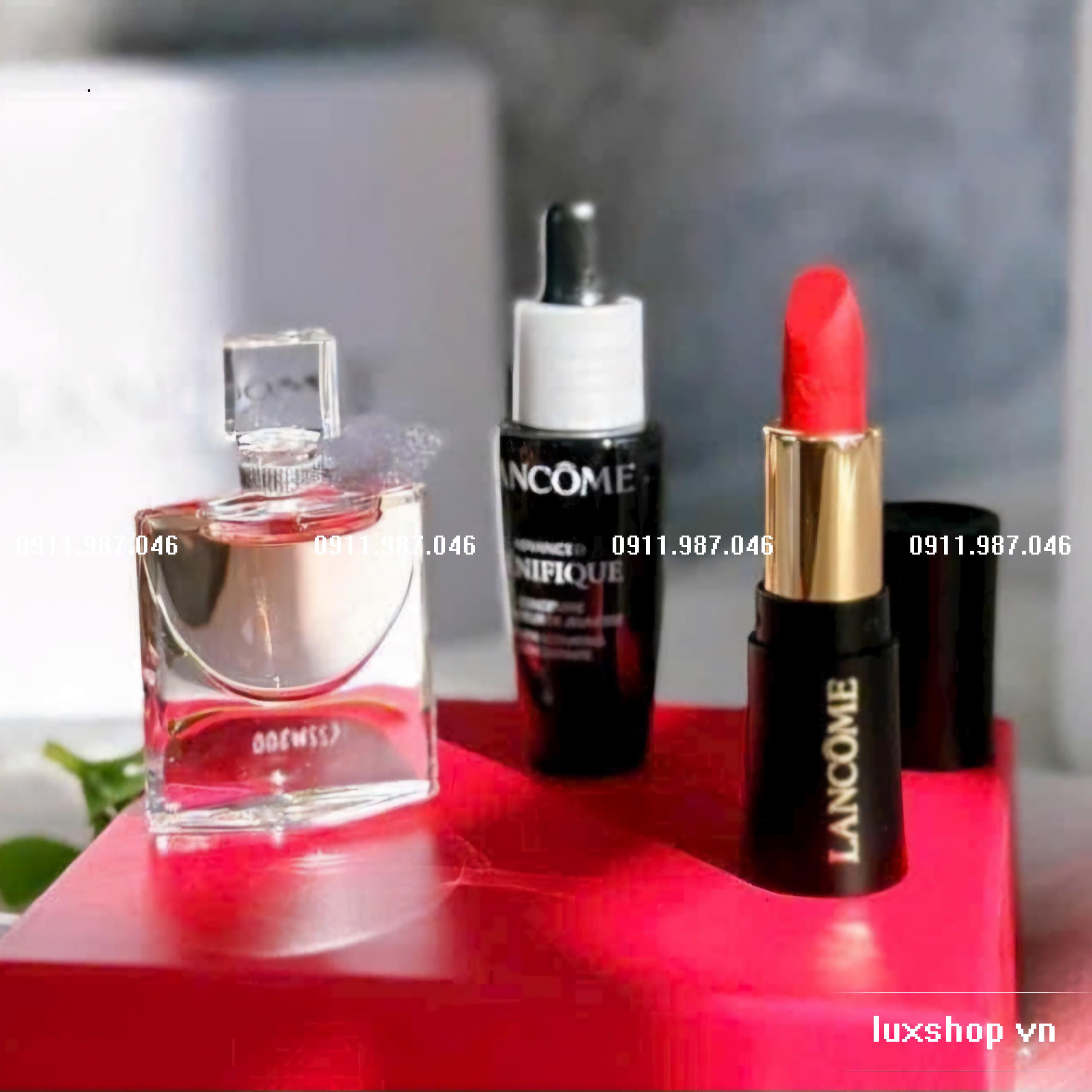 Set Lancome Beauty 3SP nước hoa 4ml La Vie Est Belle + Serum trẻ hóa Advanced Genifique Concentrate 10ml + Son mini 505 Adoration 1.6g đỏ cam